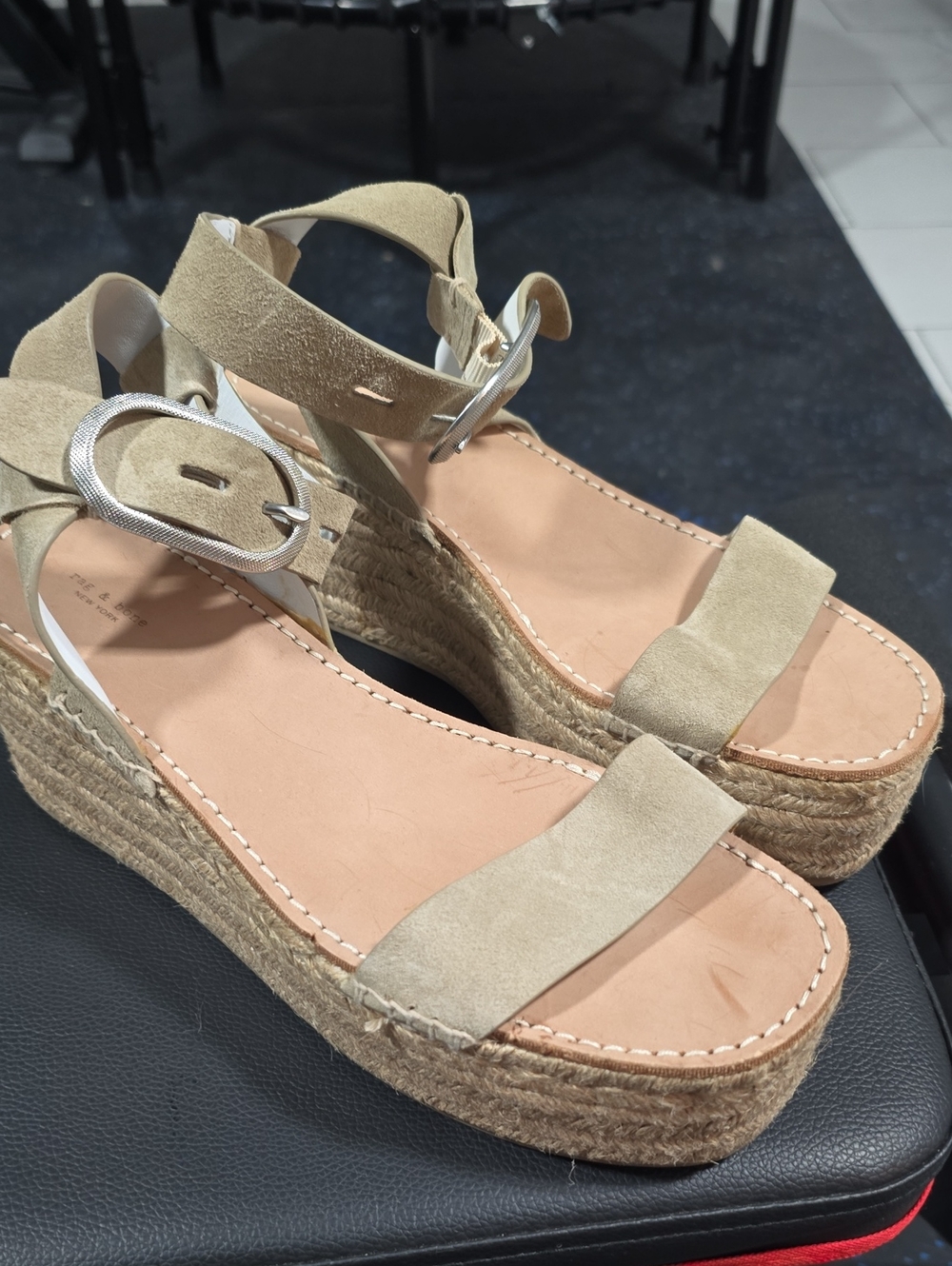 rag & bone Tan Suede Espadrille Wedge Sandals with Silver Buckle